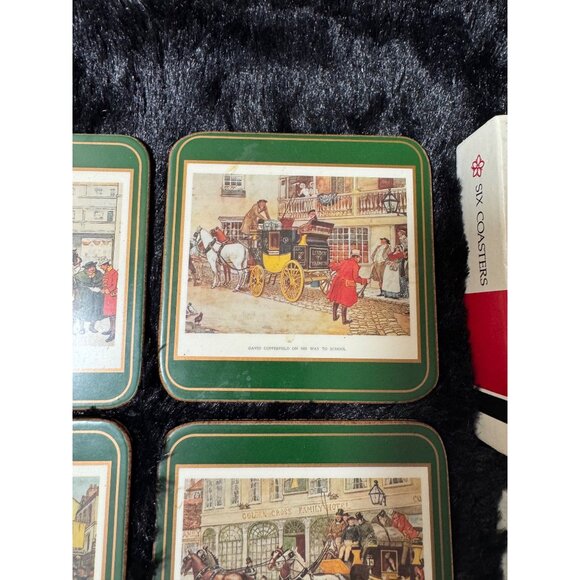 Set Of 6 Vintage Pimpernel  Cork Back Coasters Dickensian Scenes In Original Box - Picture 5 of 11